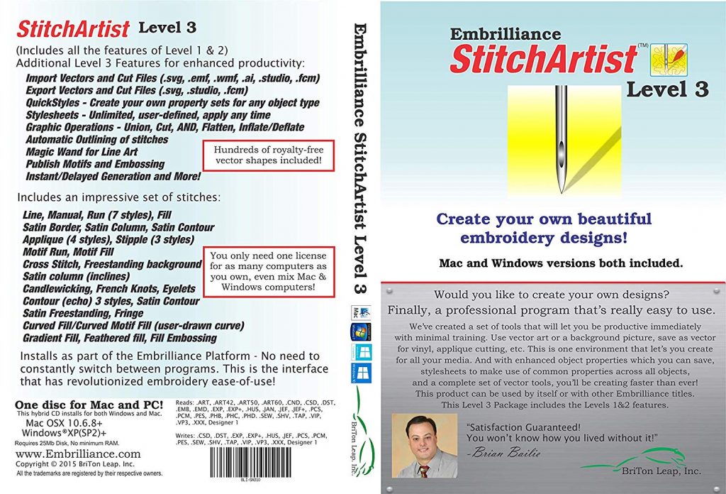 Embrilliance StitchArtist Level 3 Digitizing Embroidery Software for Mac & PC