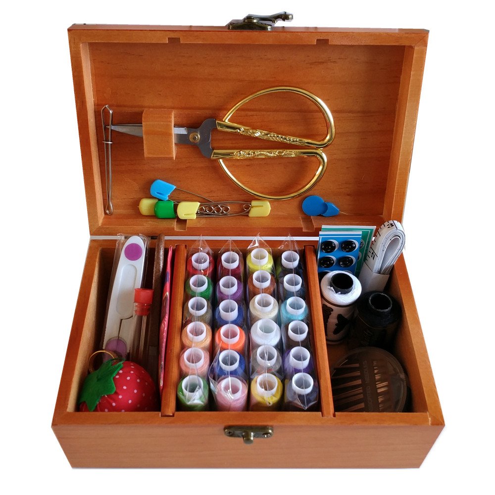 Summer_chuxia Wooden Sewing Basket with Sewing Kit