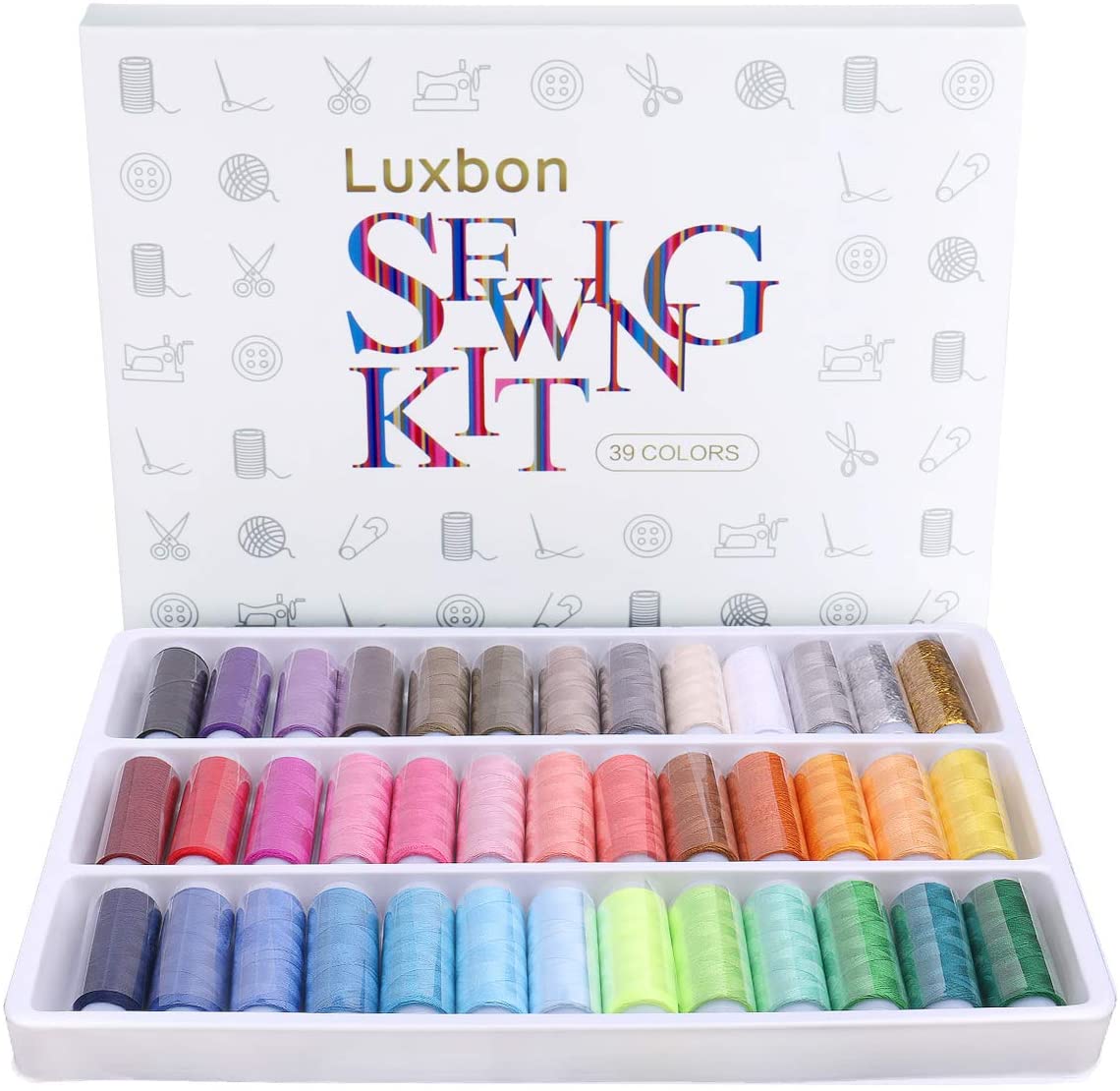 Luxbon 39 Spools Rainbow Polyester Sewing Thread Box Kit